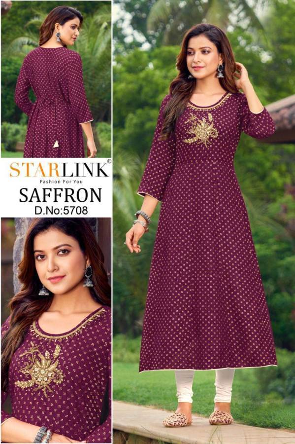 Starlink Saffron Rayon Fancy Ethnic Wear Foli Printed Kurti Collection